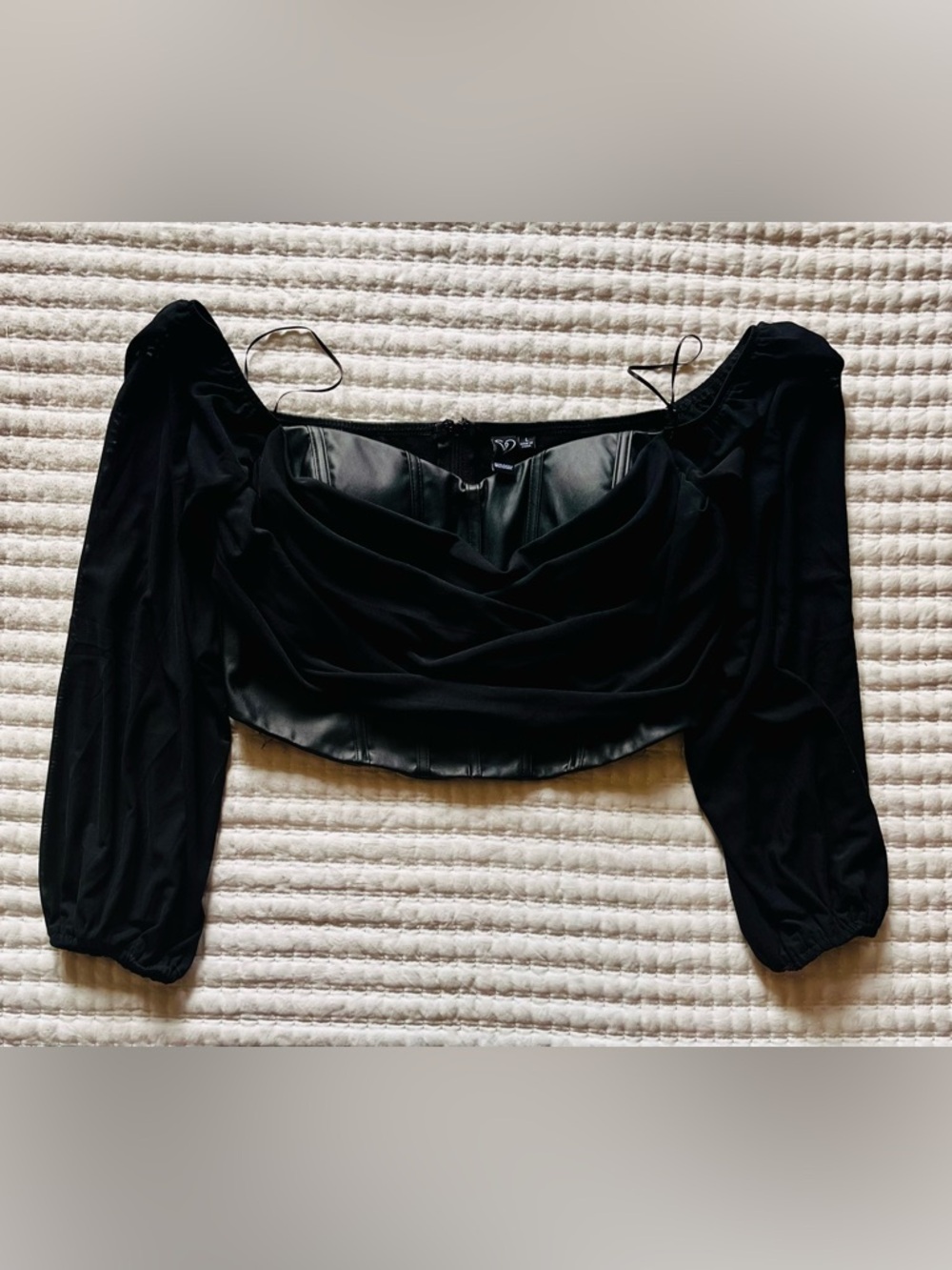 Windsor Black Faux Leather Corset Crop Top Cowl Neck Puff Sleeve